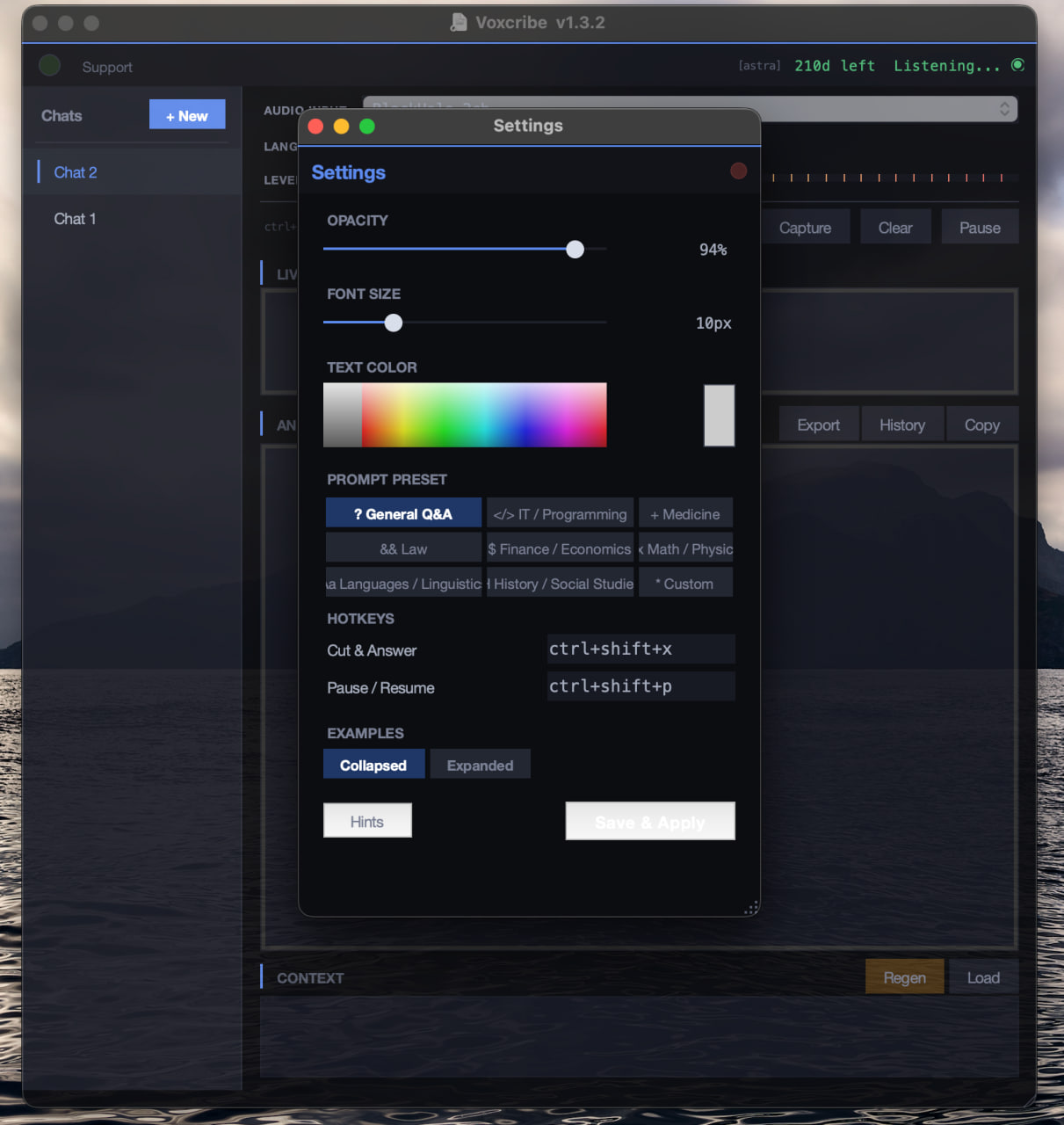 Voxcribe settings panel